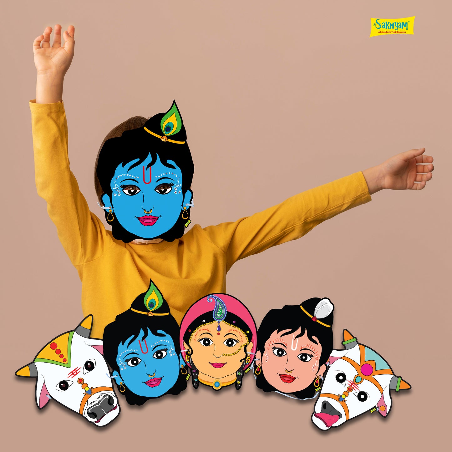 Characters Full Paper Face Masks: Krishna Lila Set (Radha, Krishna, Balarama, Gaumata-Pair)